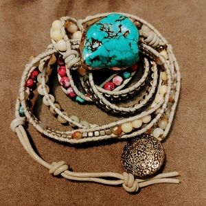 Stunning Calming Turquoise Chunk Beaded 5-Wrap Bracelet (Adjustable)